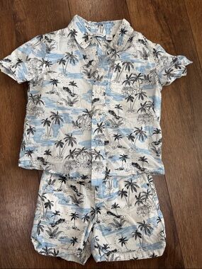 Janie and Jack Blue Palm Set - Short Sleeve Button Top & Shorts